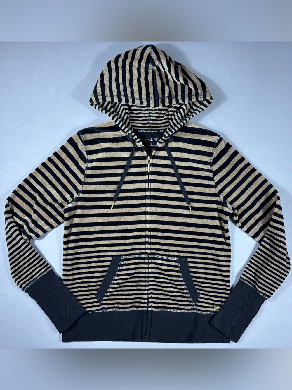 Calvin Klein Performance Striped Full Zip Hoodie Women’s M Black Tan Quick Dry